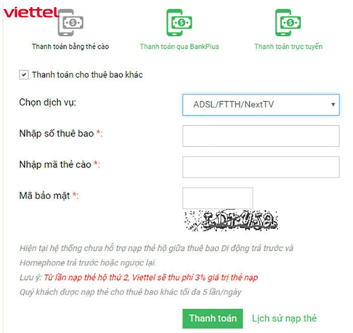 Hướng dẫn thanh toán internet Viettel bằng thẻ cào